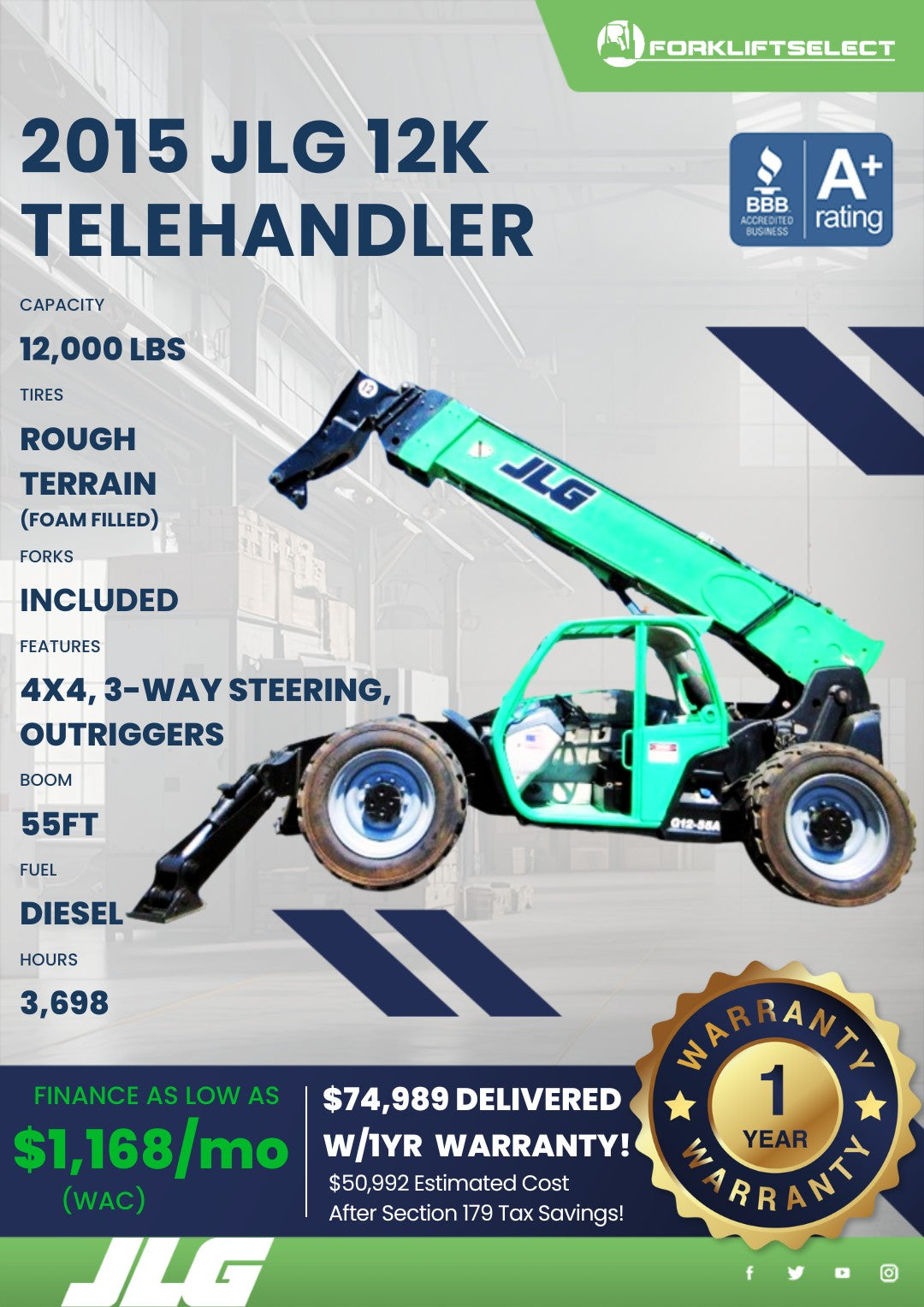 2015 JLG 12K Rough Terrain Telehand...