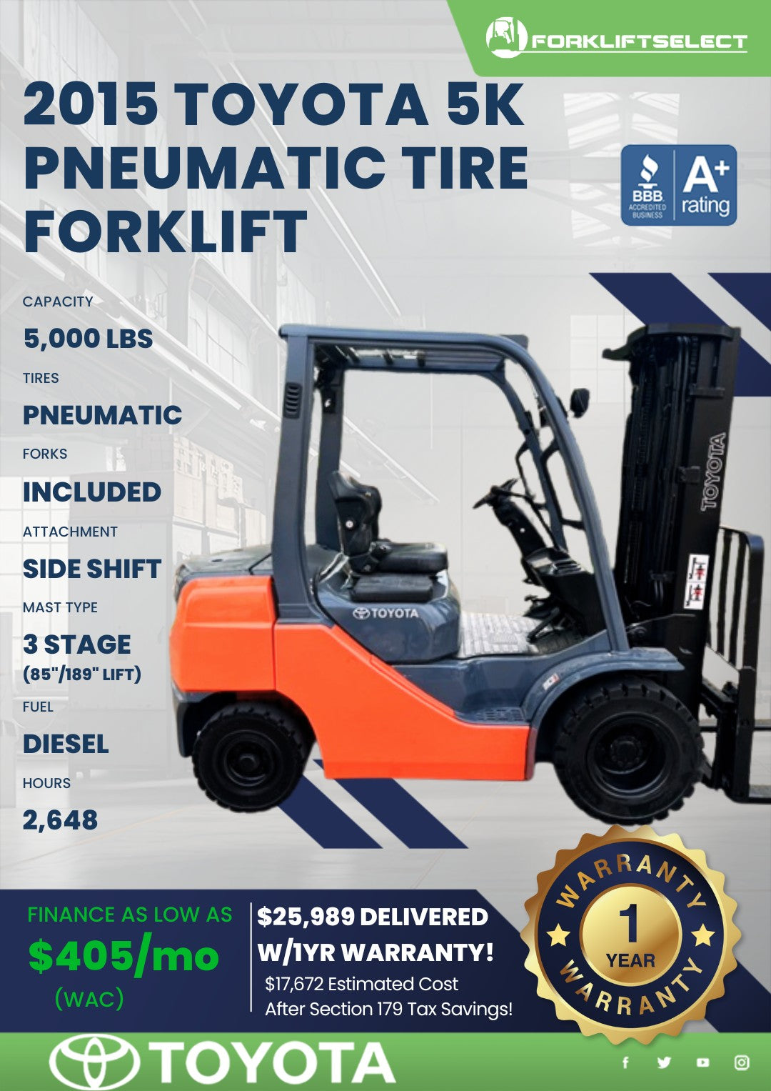 2015 Toyota 5K Pneumatic Tire Forkl...