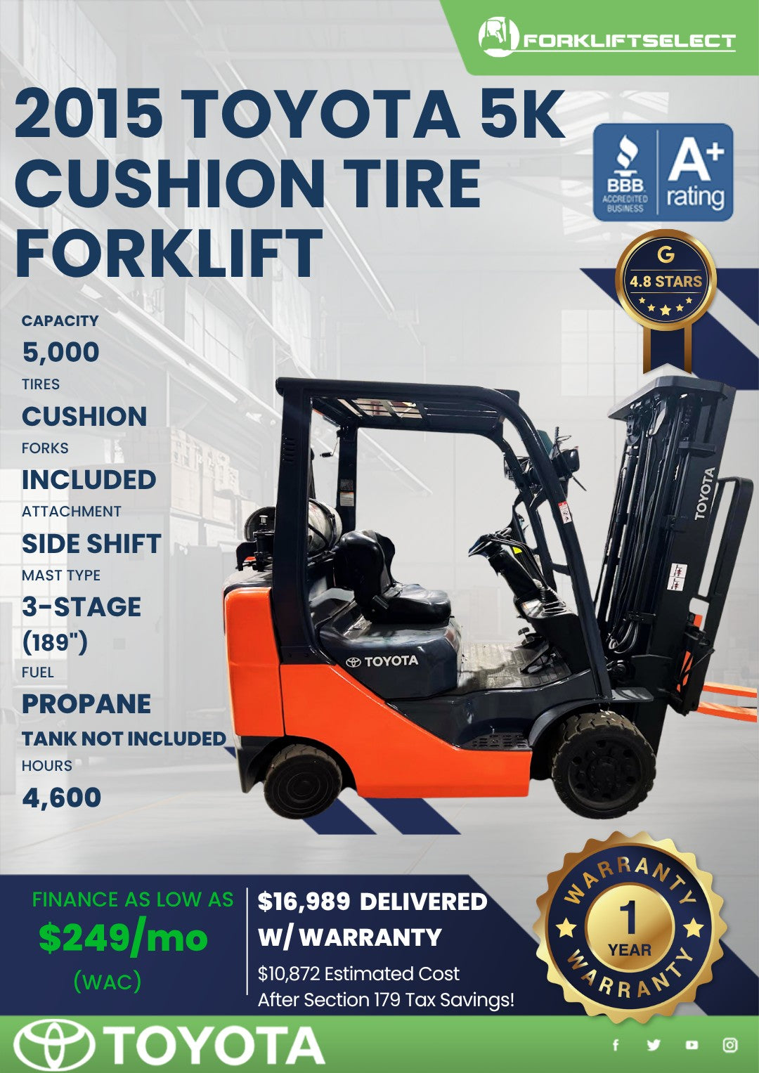2015 Toyota 5K Cushion Tire Forklif...