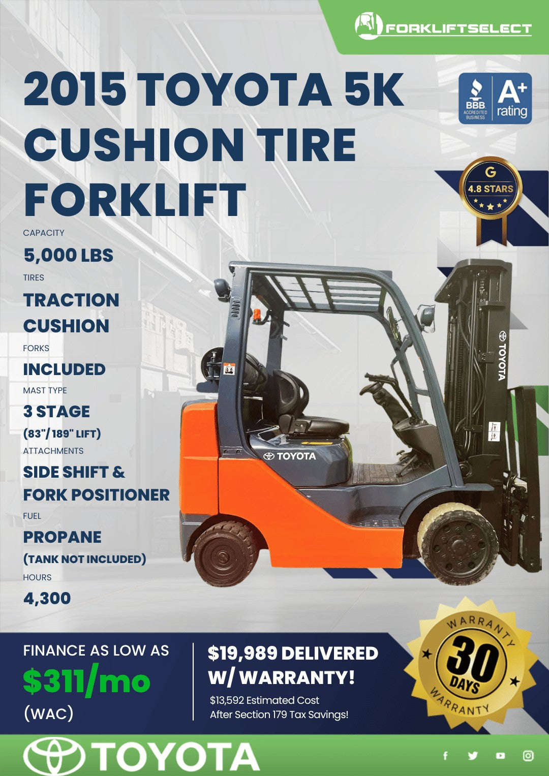2015 Toyota 5K Cushion Tire Forklif...