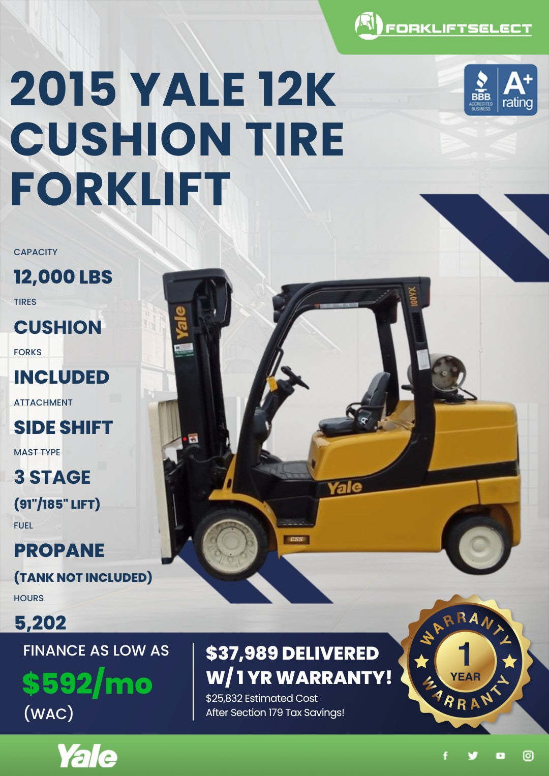 2015 Yale 12K Cushion Tire Forklift...