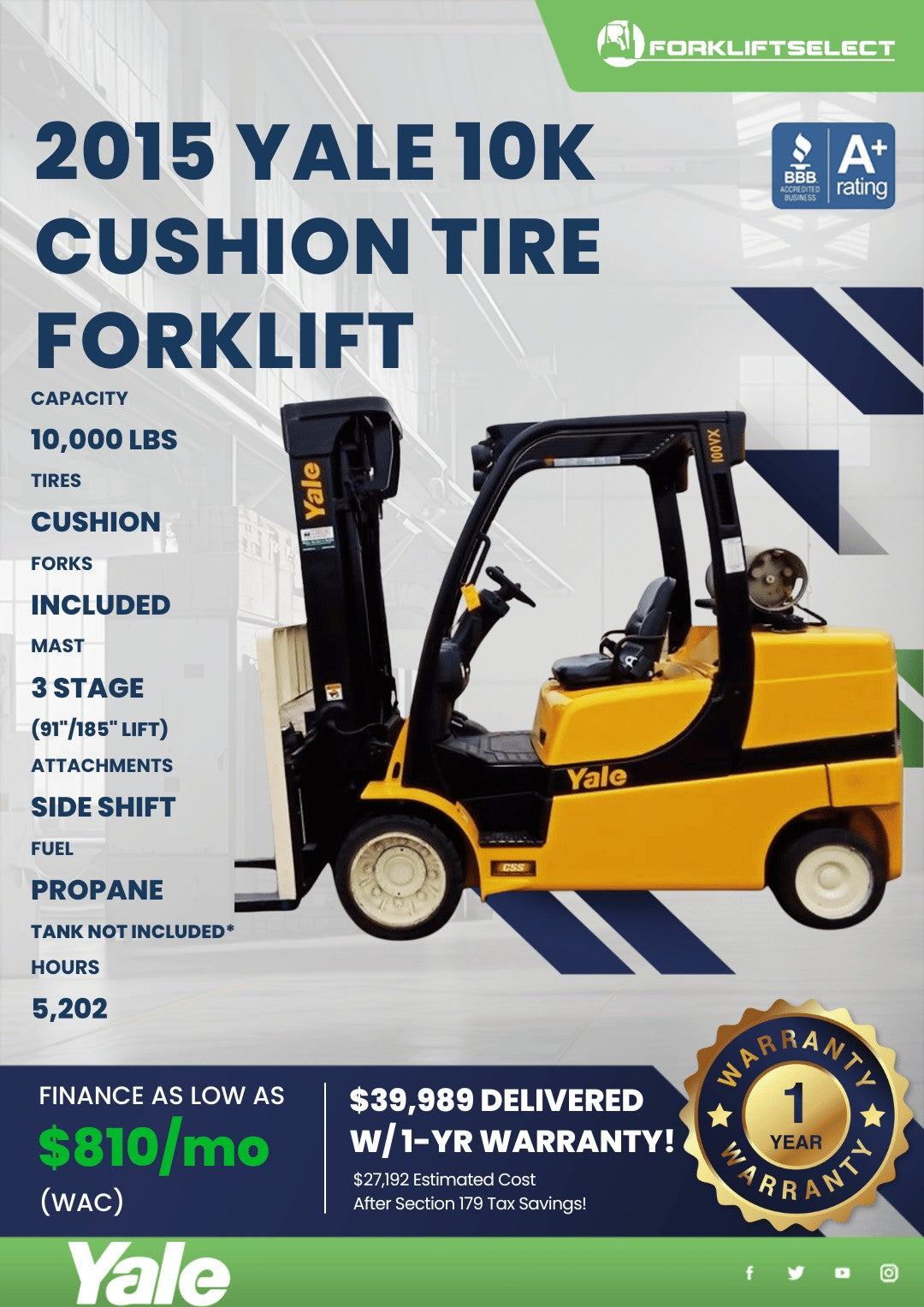 2015 Yale 10K Cushion Tire Forklift...