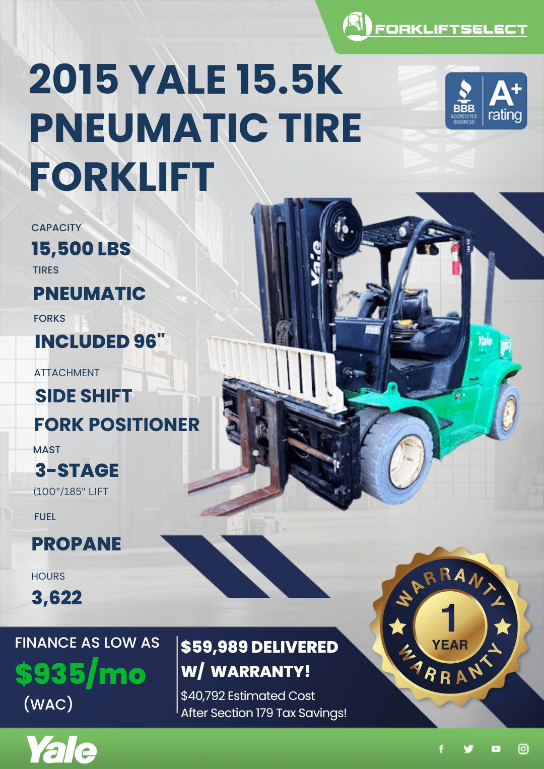 2015 Yale 15.5K Pneumatic Tire Fork...