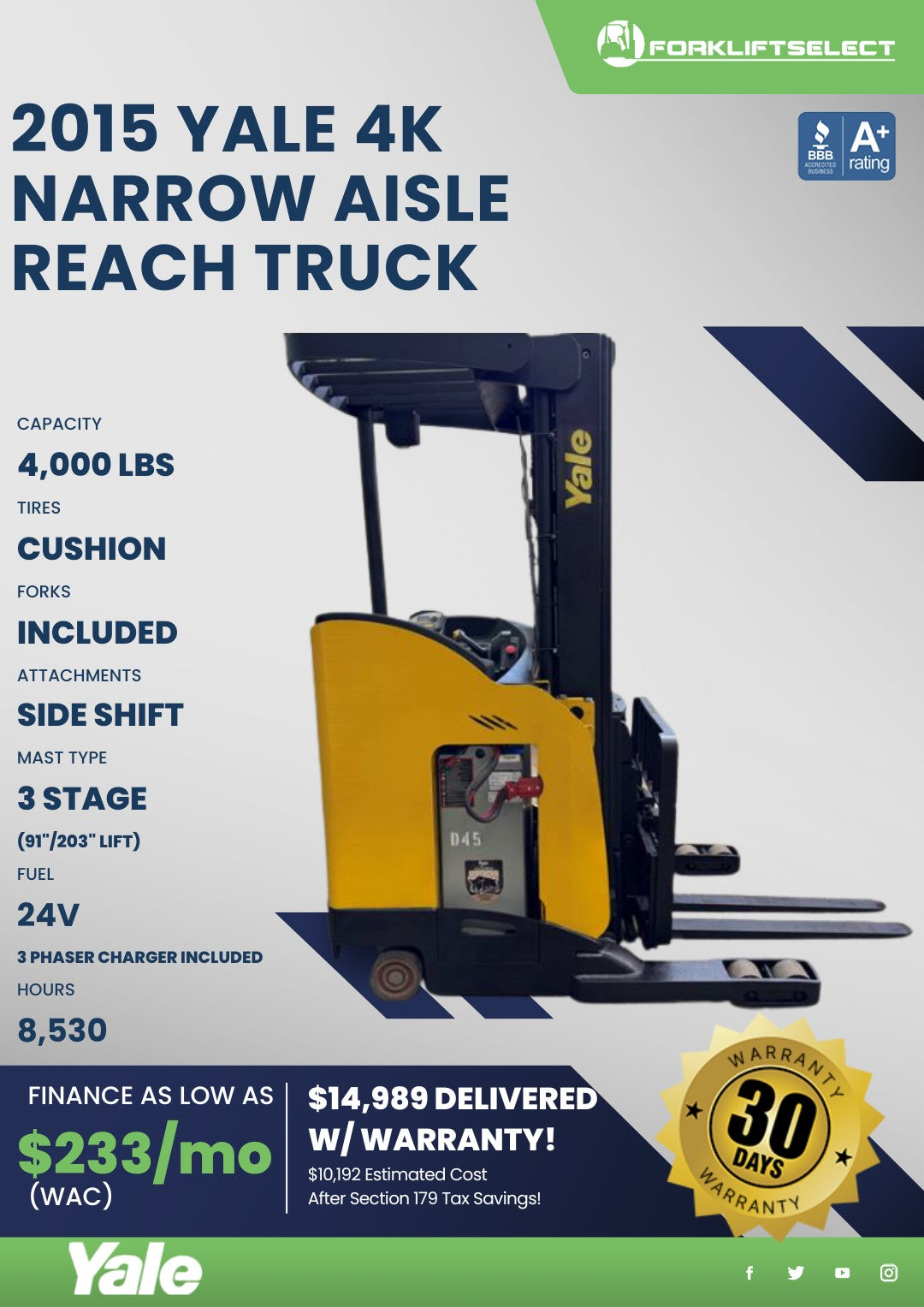 2015 Yale 4K Narrow Aisle Reach Tru...