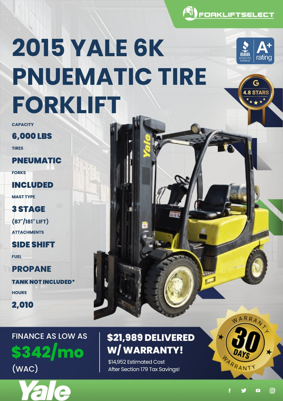 2015 Yale 6K Pneumatic Tire Forklif...