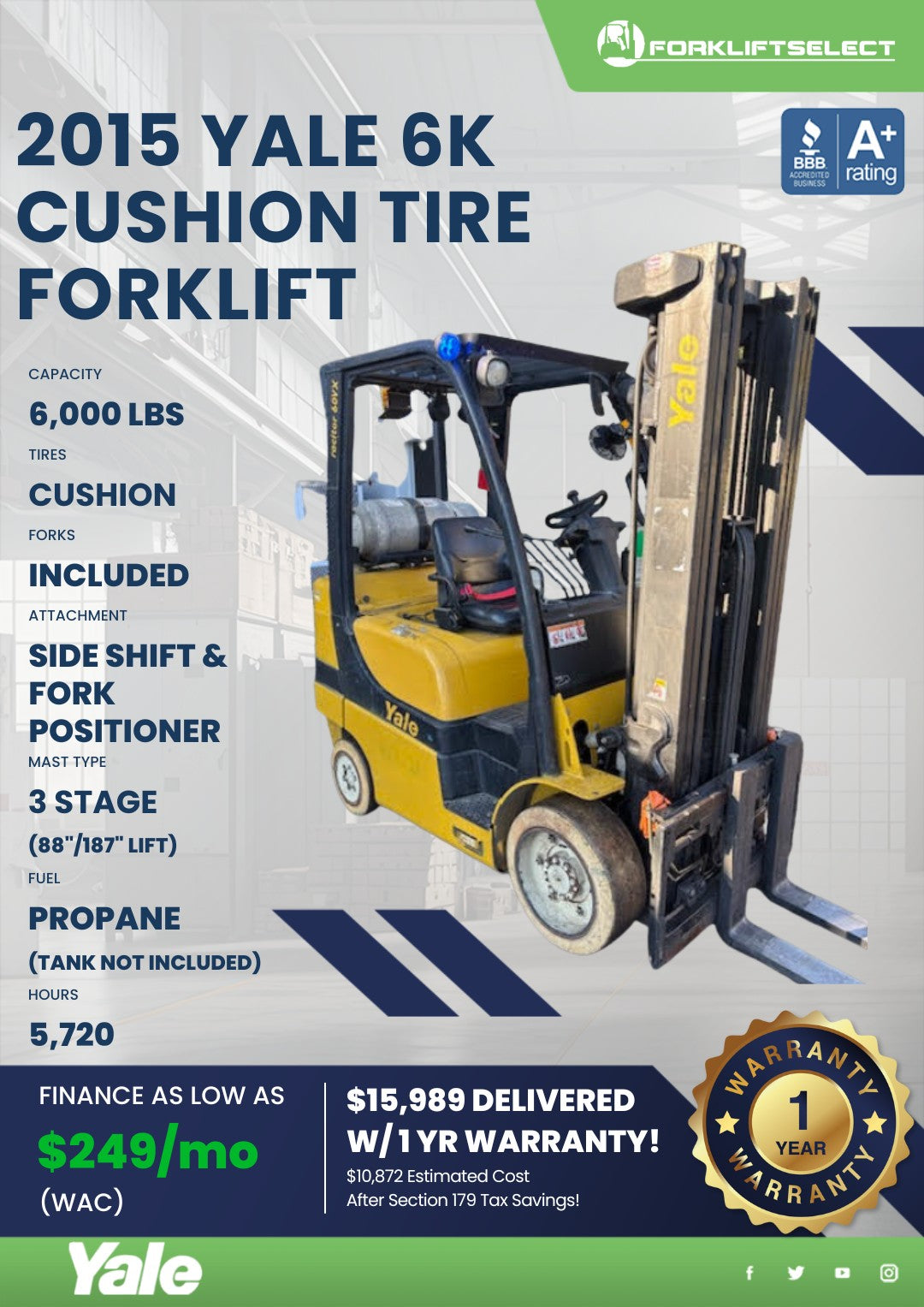 2015.0 Yale 6K Cushion Tire Forklif...