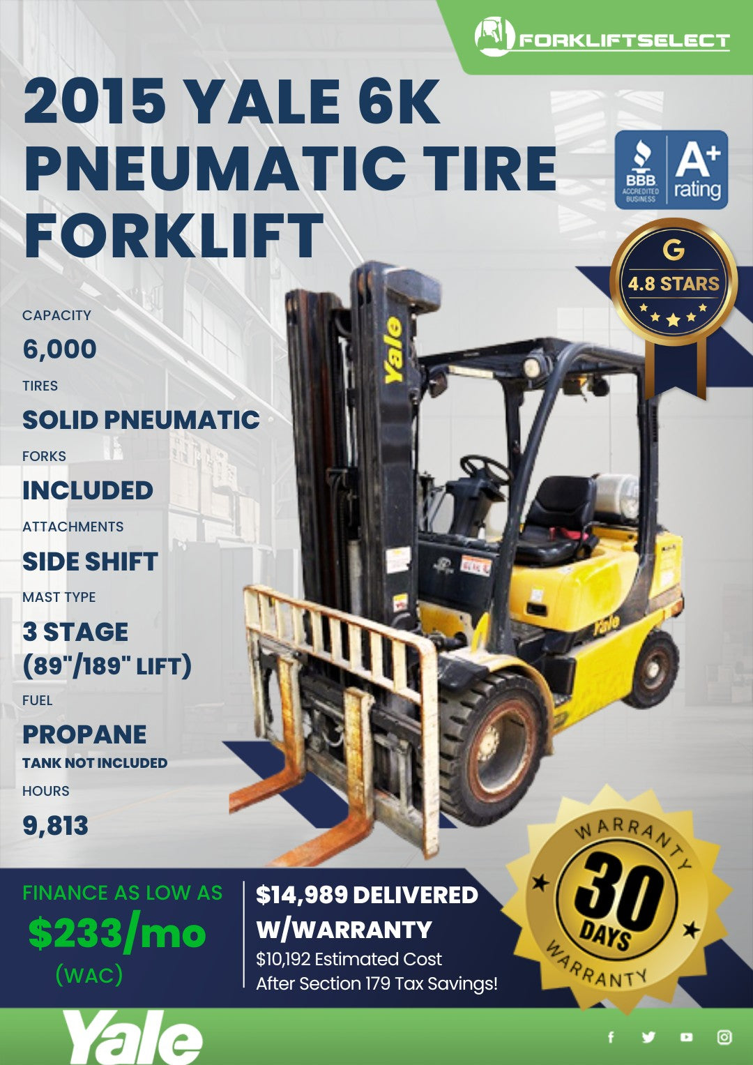 2015 Yale 6K Pneumatic Tire Forklif...