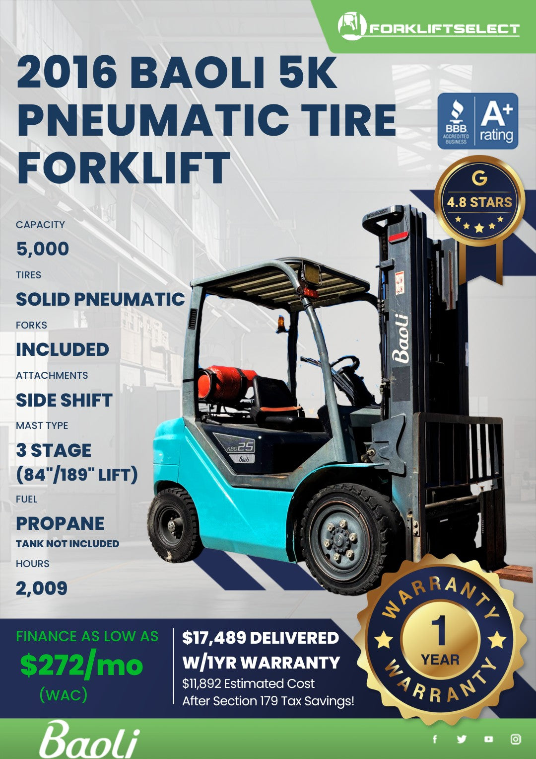2016.0 Baoli 5K Pneumatic Tire Fork...