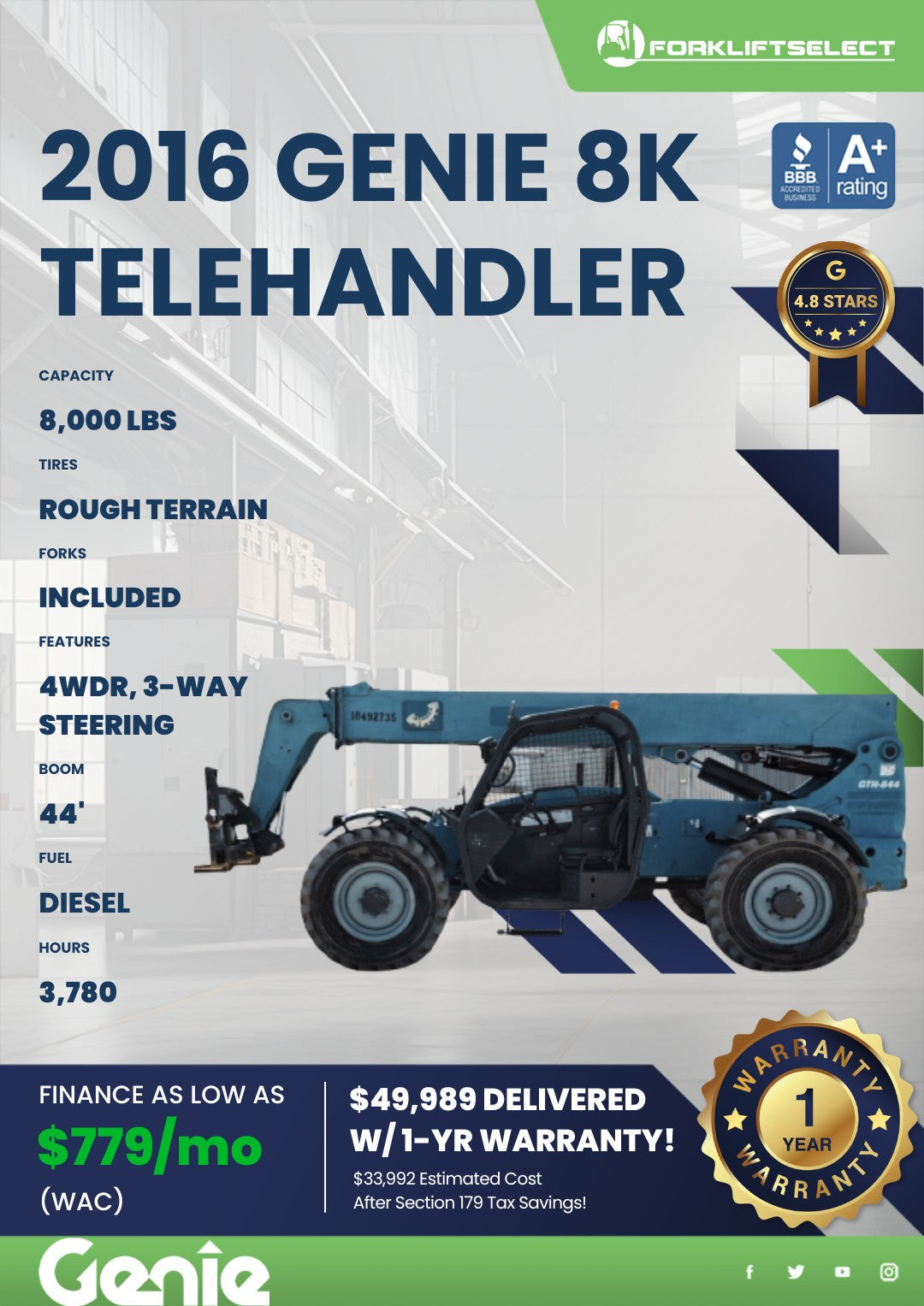 2016 Genie 8K Rough Terrain Telehandler