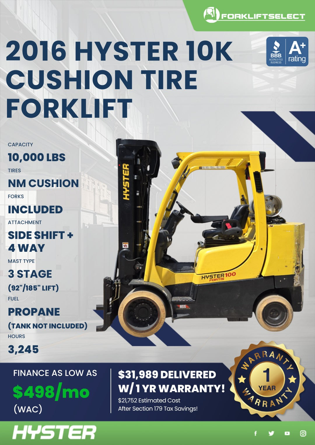 2016 Hyster 10K Cushion Tire Forkli...