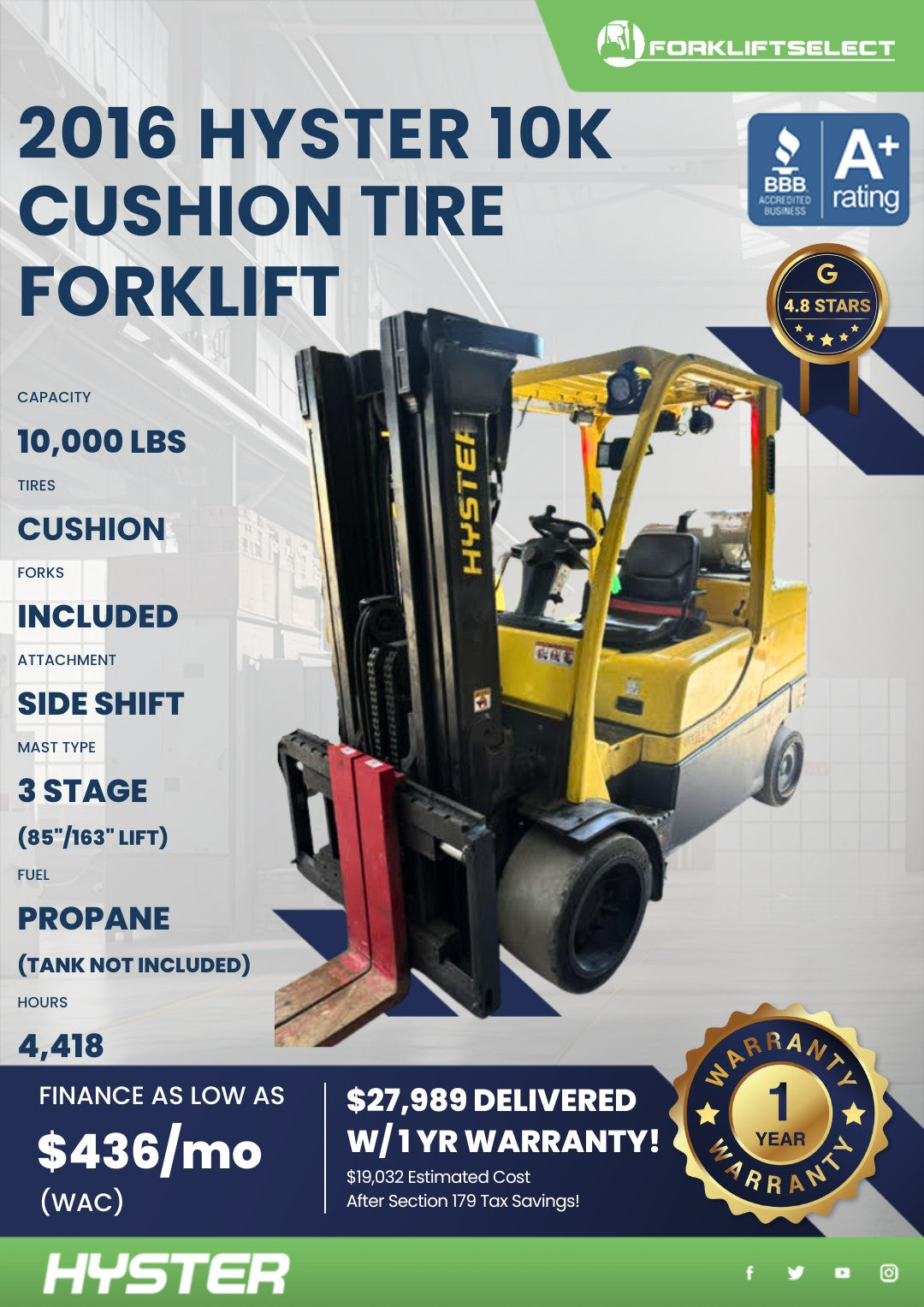 2016 Hyster 10K Cushion Tire Forkli...