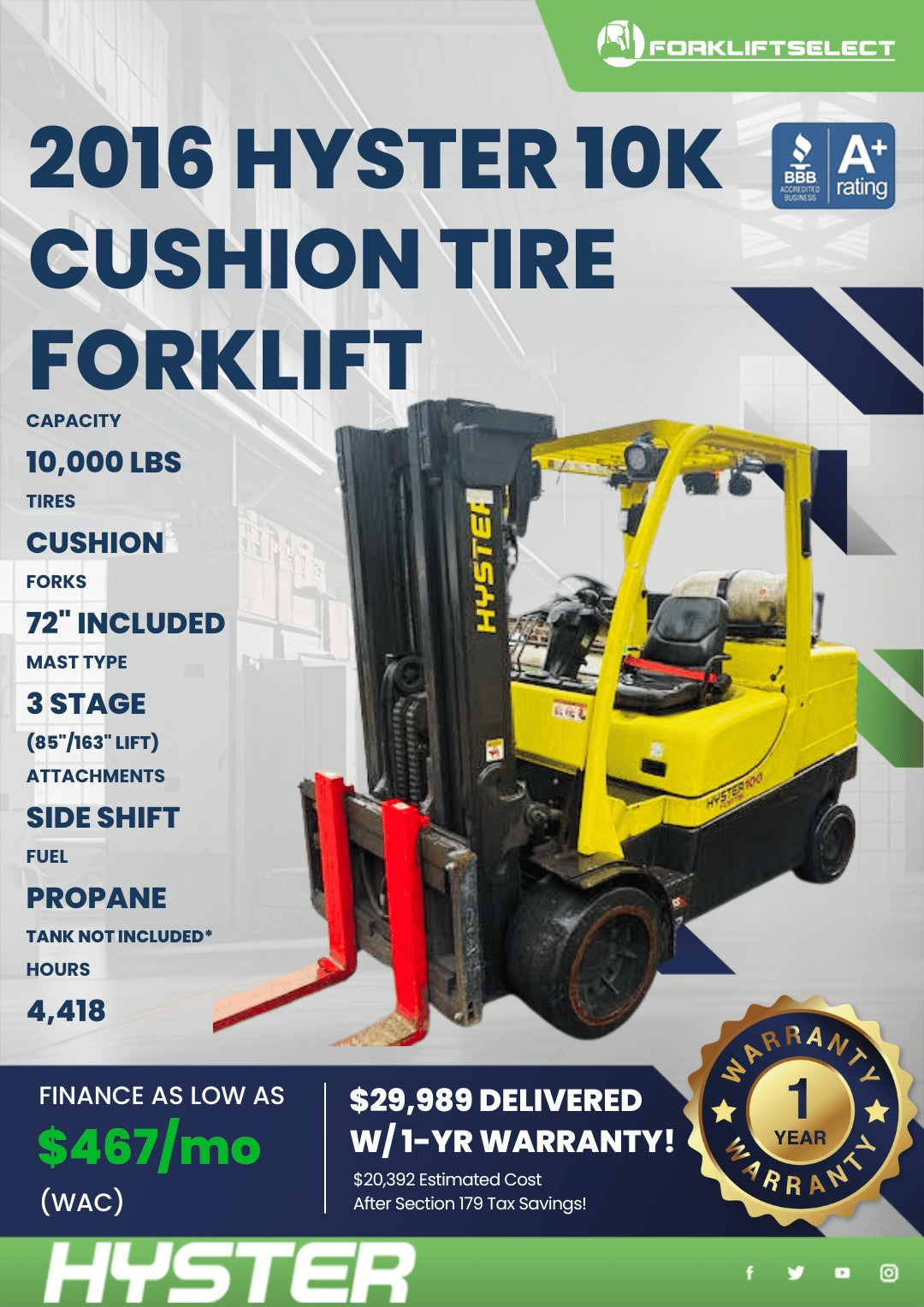 2016.0 Hyster 10K Cushion Tire Fork...