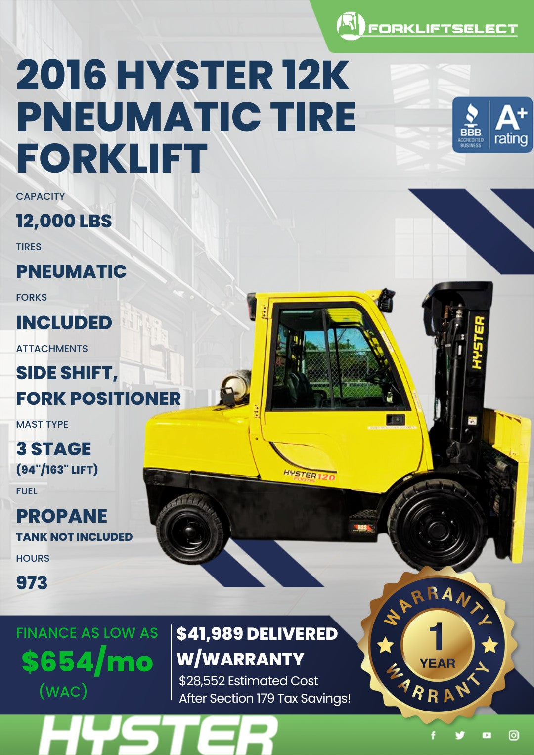 2016 Hyster 12K Pneumatic Tire Fork...