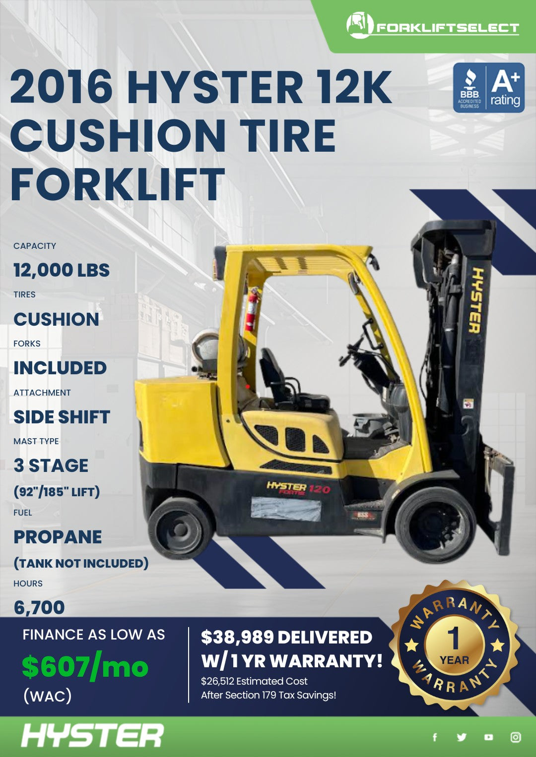 2016 Hyster 12K Cushion Tire Forkli...
