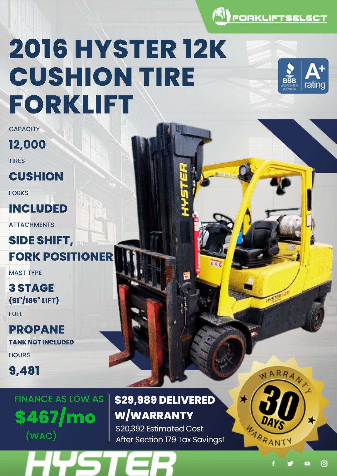 2016 Hyster 12K Cushion Tire Forkli...