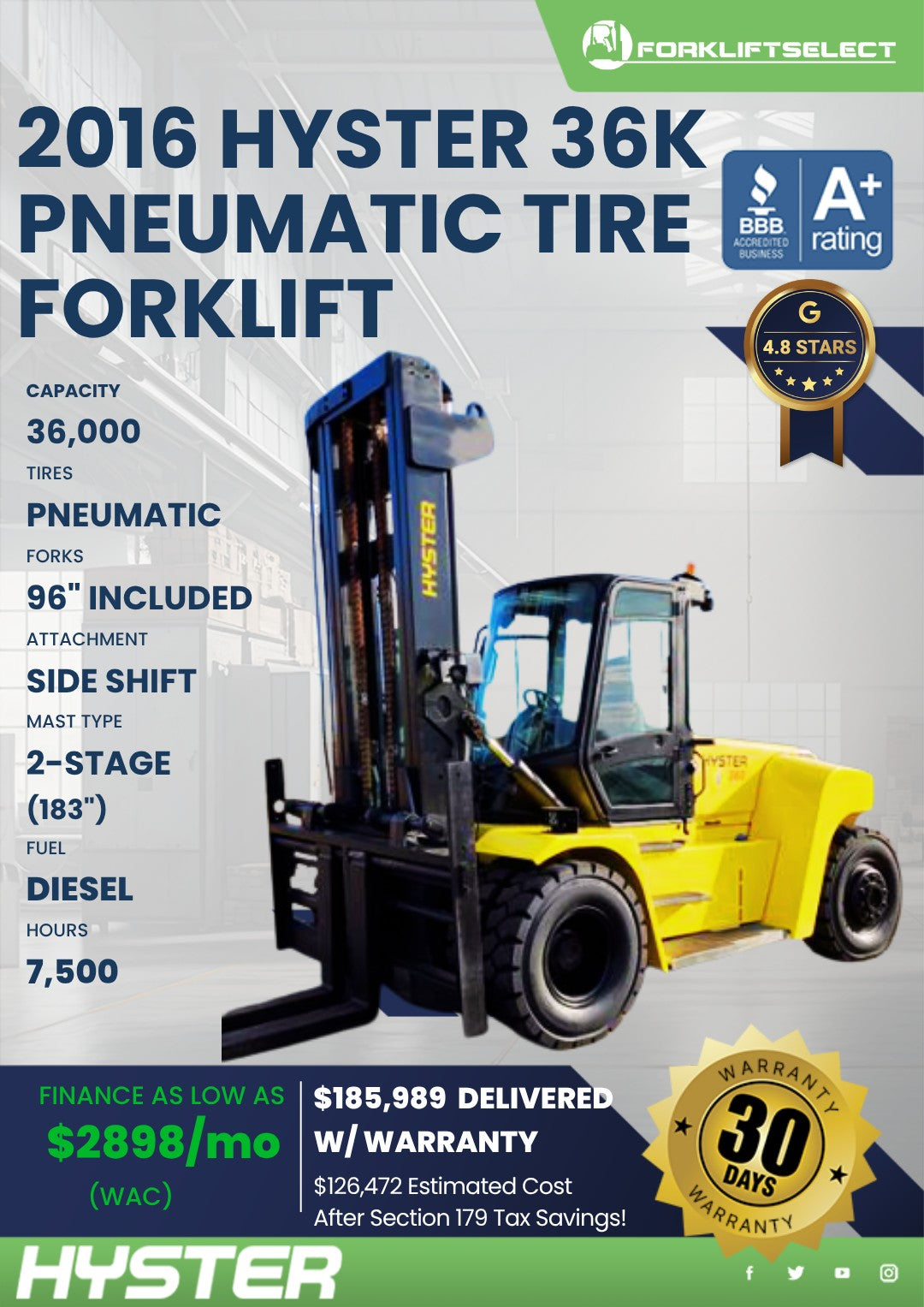 2016 Hyster 36K Pneumatic Tire Forklift