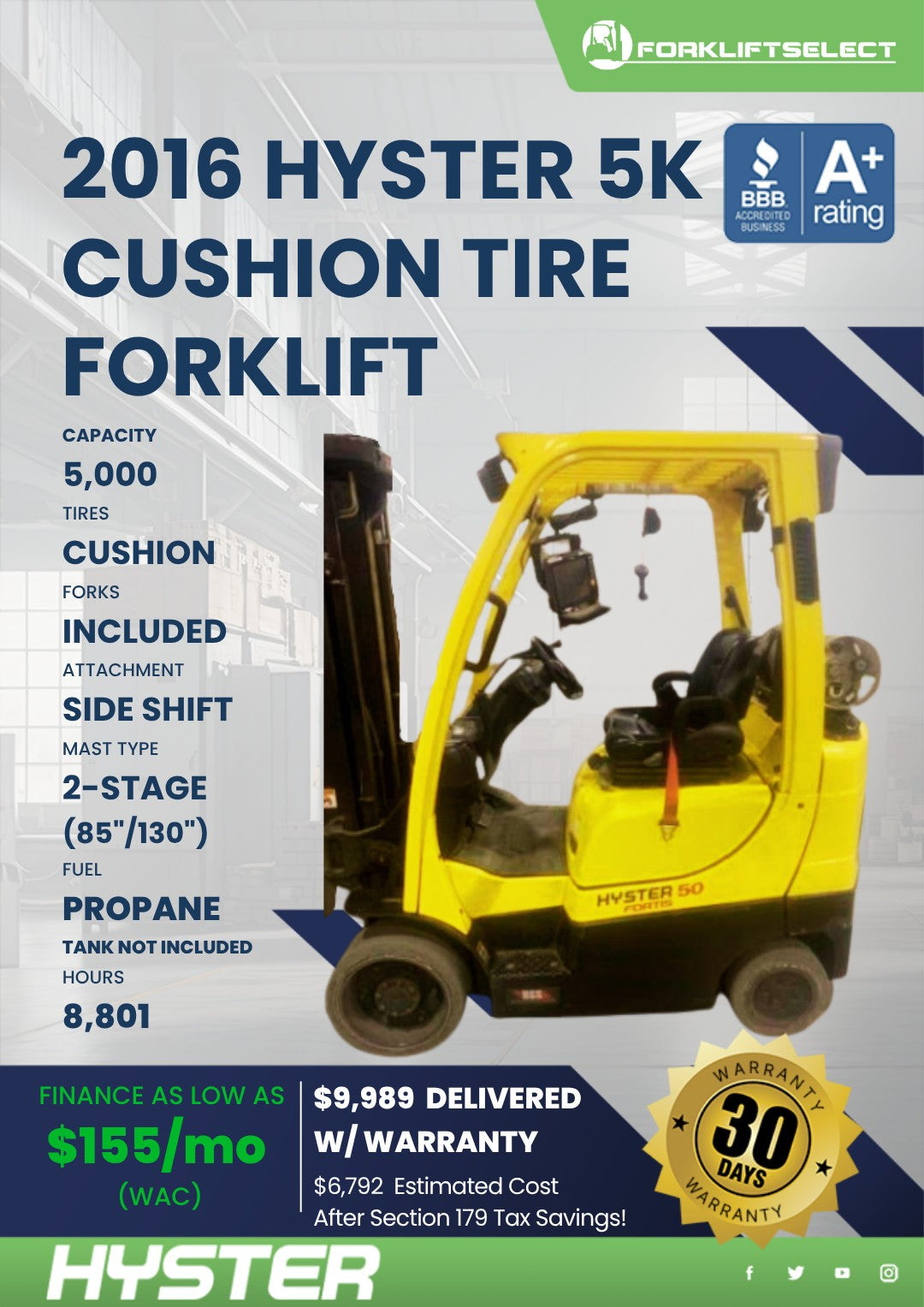 2016 Hyster 5K Cushion Tire Forklif...