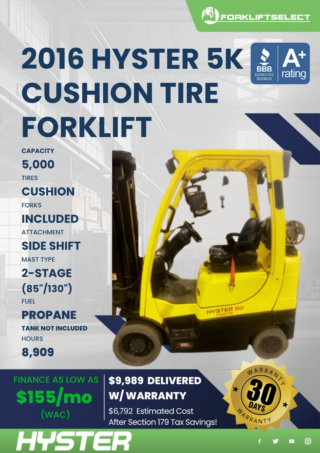2016 Hyster 5K Cushion Tire Forklif...