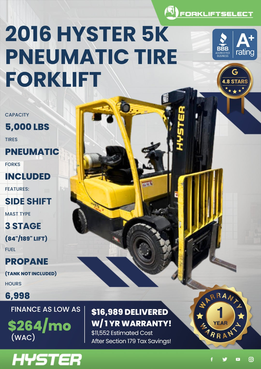 2016 Hyster 5K Pneumatic Tire Forkl...