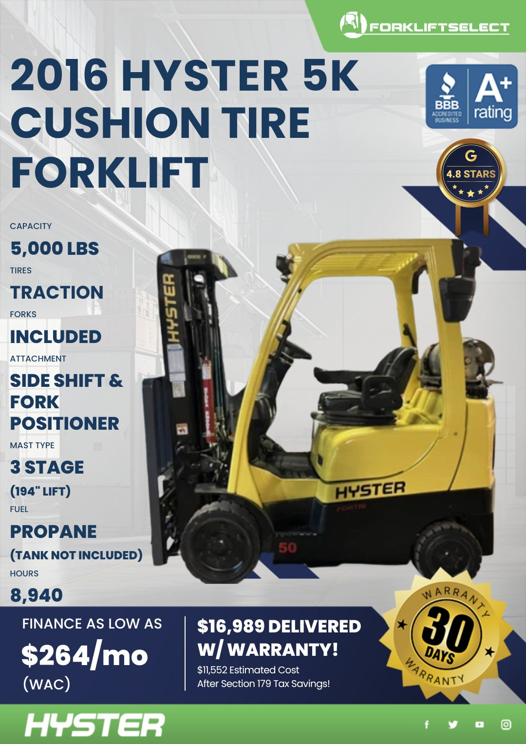 2016 Hyster 5K Cushion Tire Forklift
