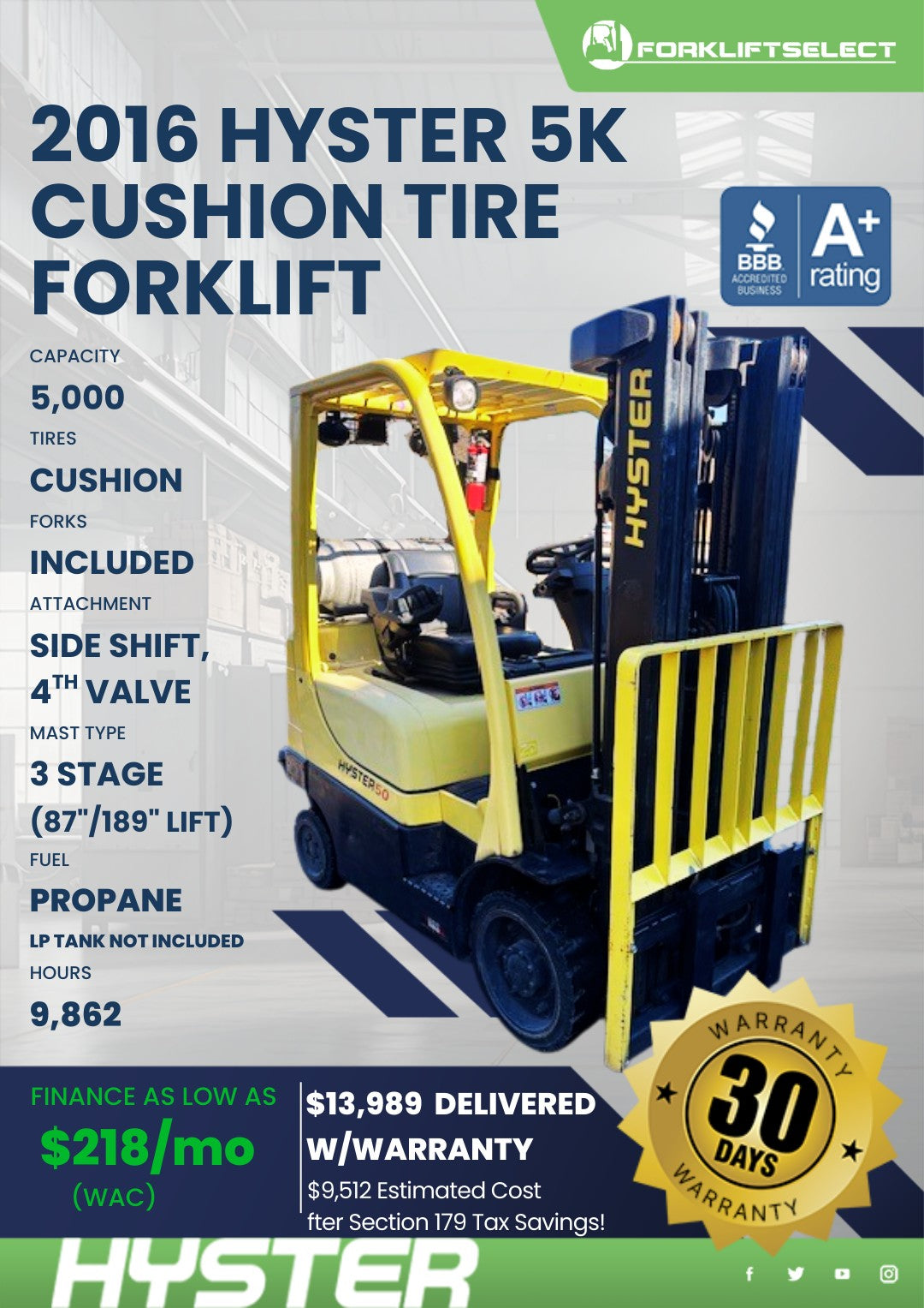 2016.0 Hyster 5K Cushion Tire Forkl...