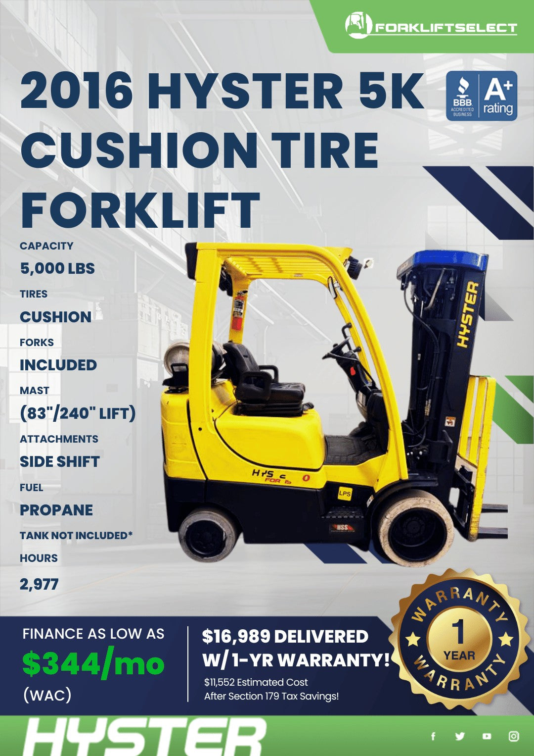 2016 Hyster 5K Cushion Tire Forklif...
