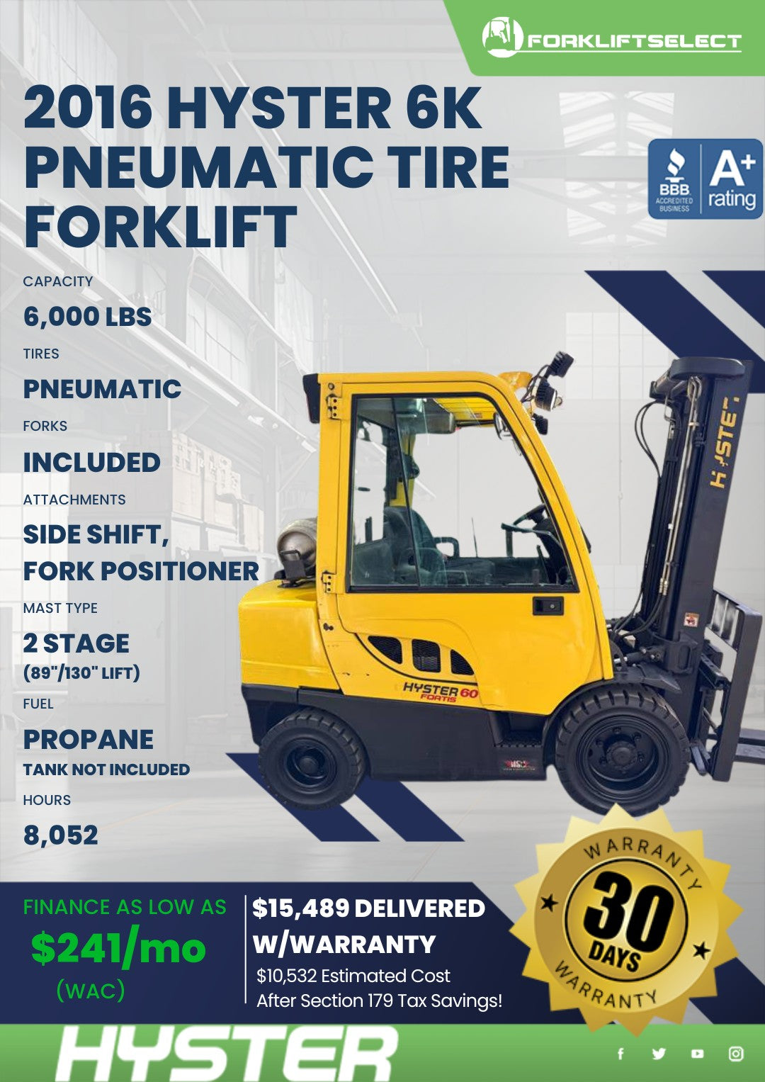 2016 Hyster 6K Pneumatic Tire Forkl...