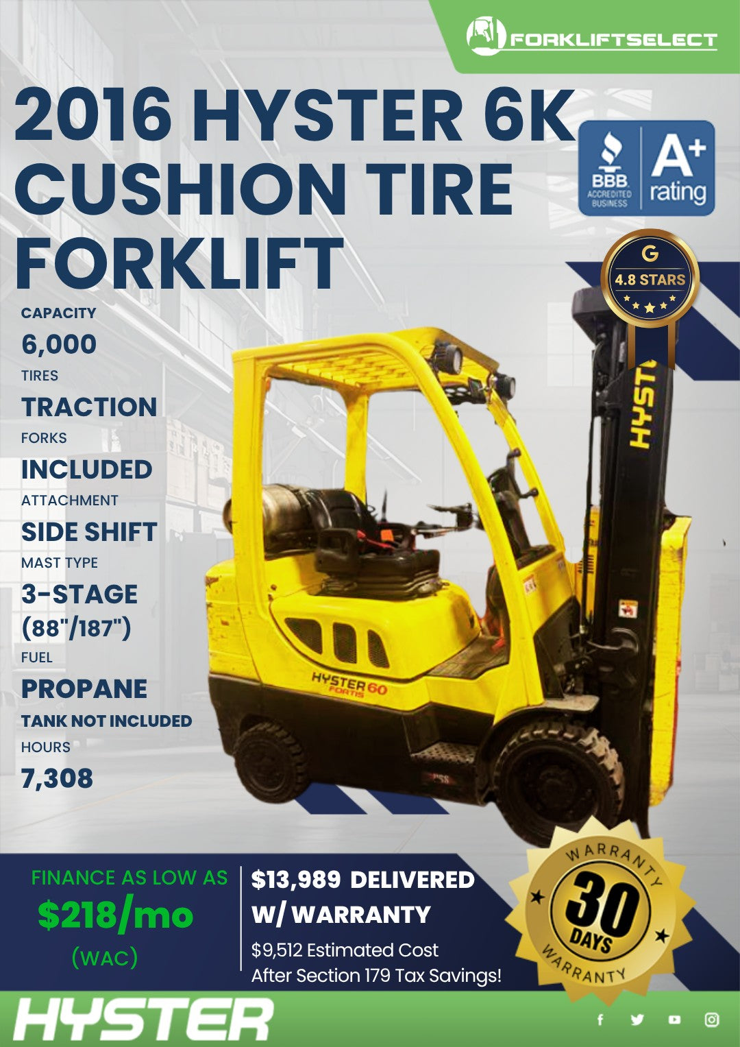 2016 Hyster 6K Cushion Tire Forklif...