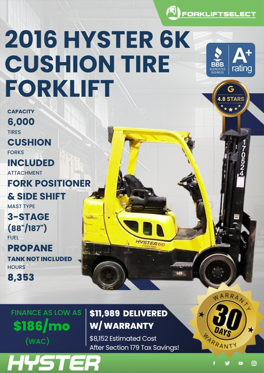 2019.0 Hyster 6K Cushion Tire Forkl...