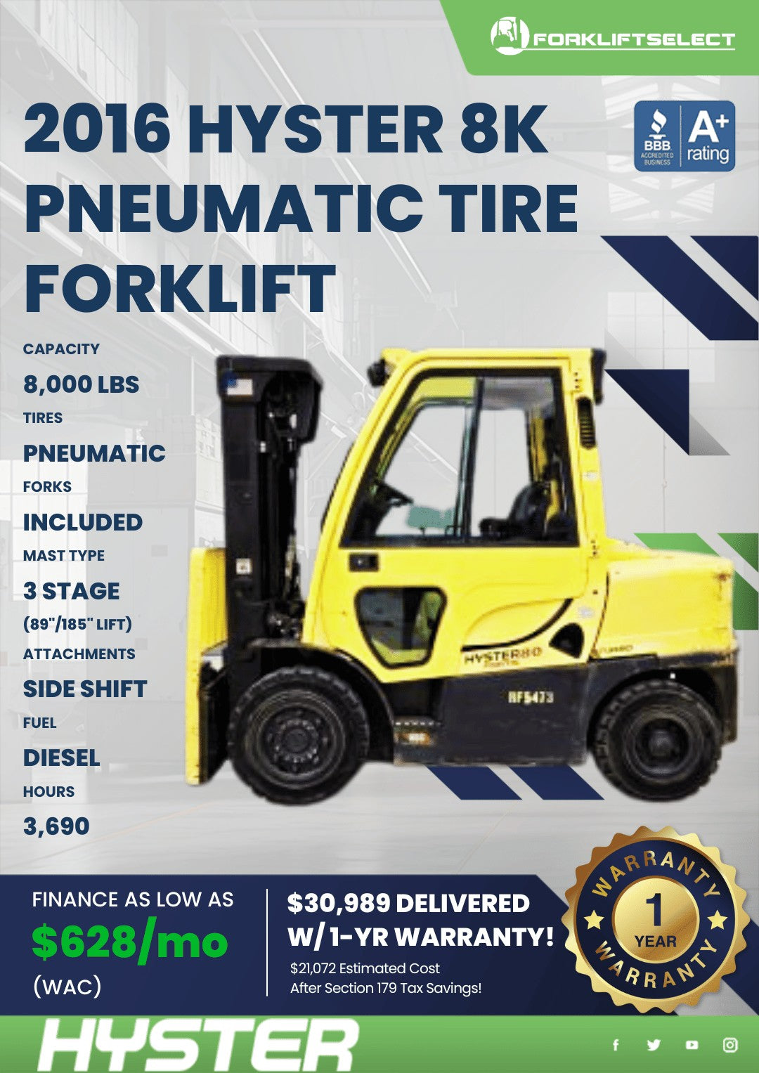2016 Hyster 8K Pneumatic Tire Forkl...