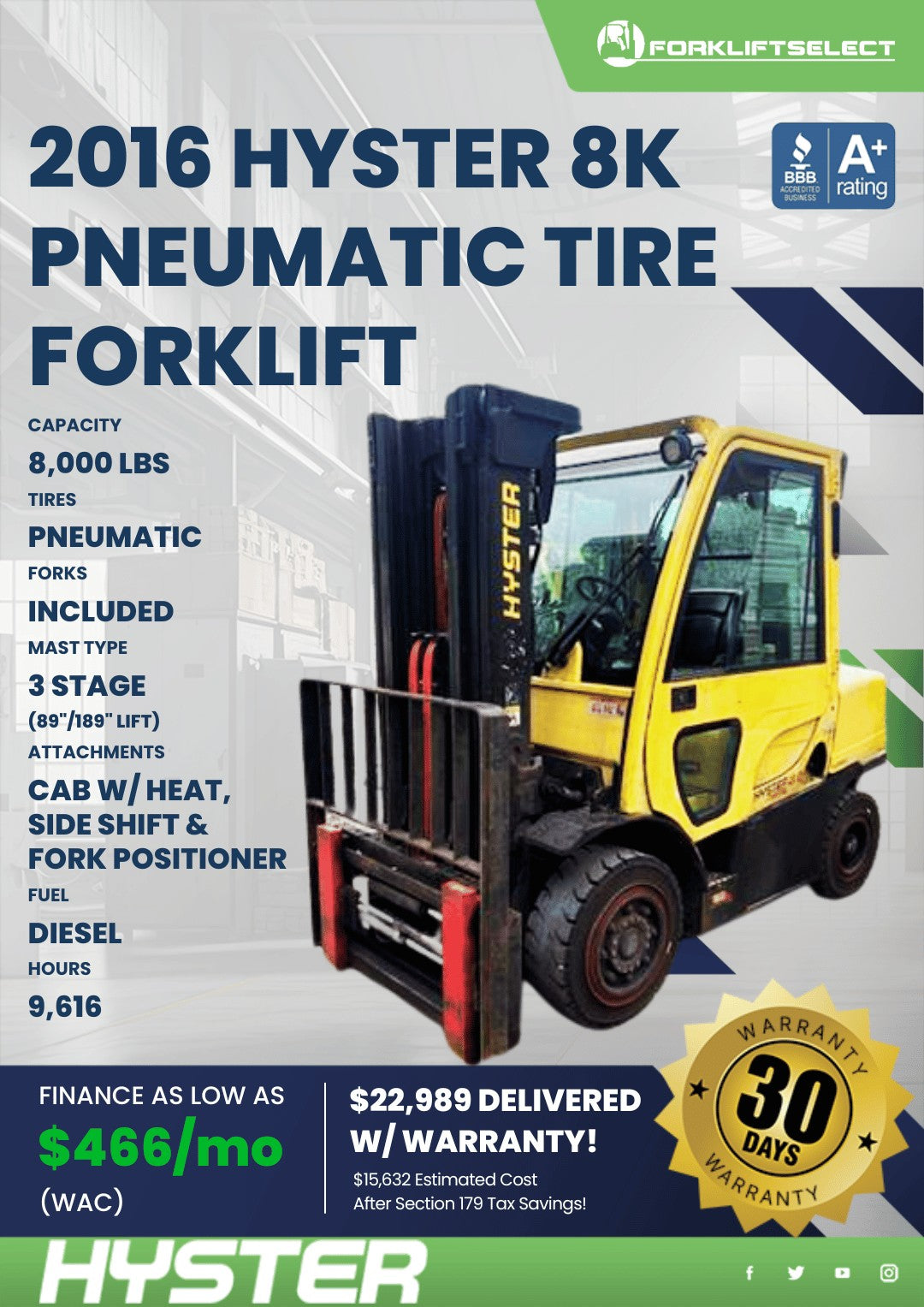 2016 Hyster 8K Pneumatic Tire Forkl...