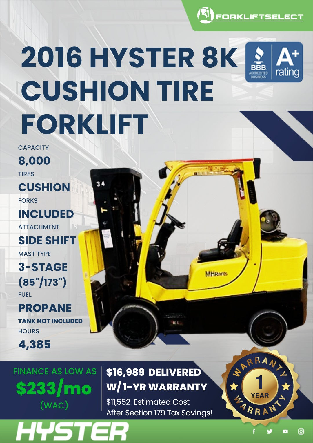 2016 Hyster 8K Cushion Tire Forklif...