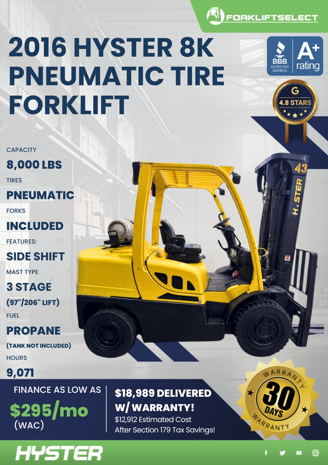 2016 Hyster 8K Pneumatic Tire Forkl...