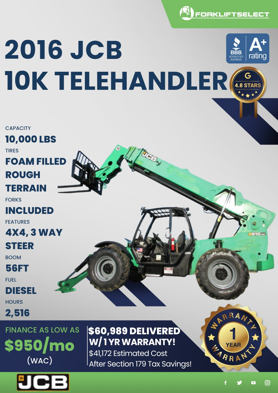 2016 JCB 10K Pneumatic Tire Telehan...