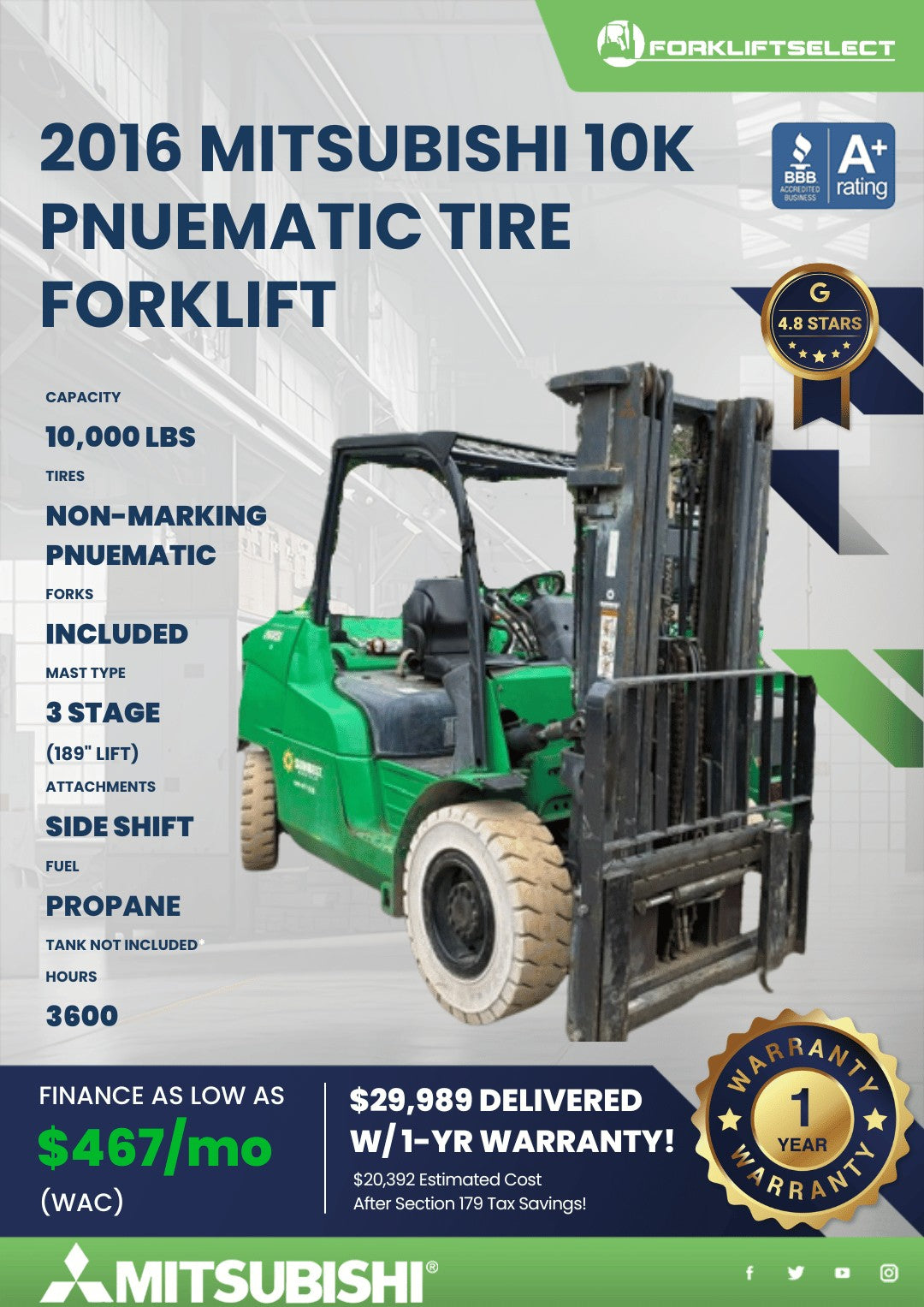 2016 Mitsubishi 10K Pneumatic Tire Forklift