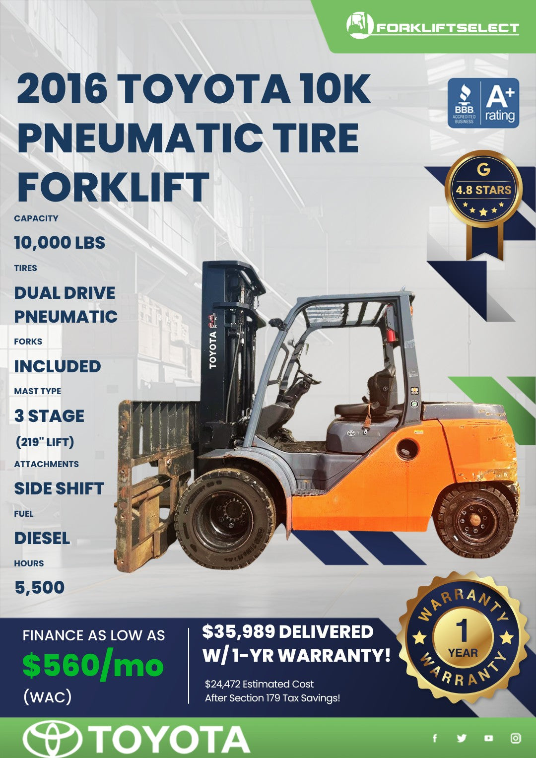 2016 Toyota 10K Pneumatic Tire Fork...