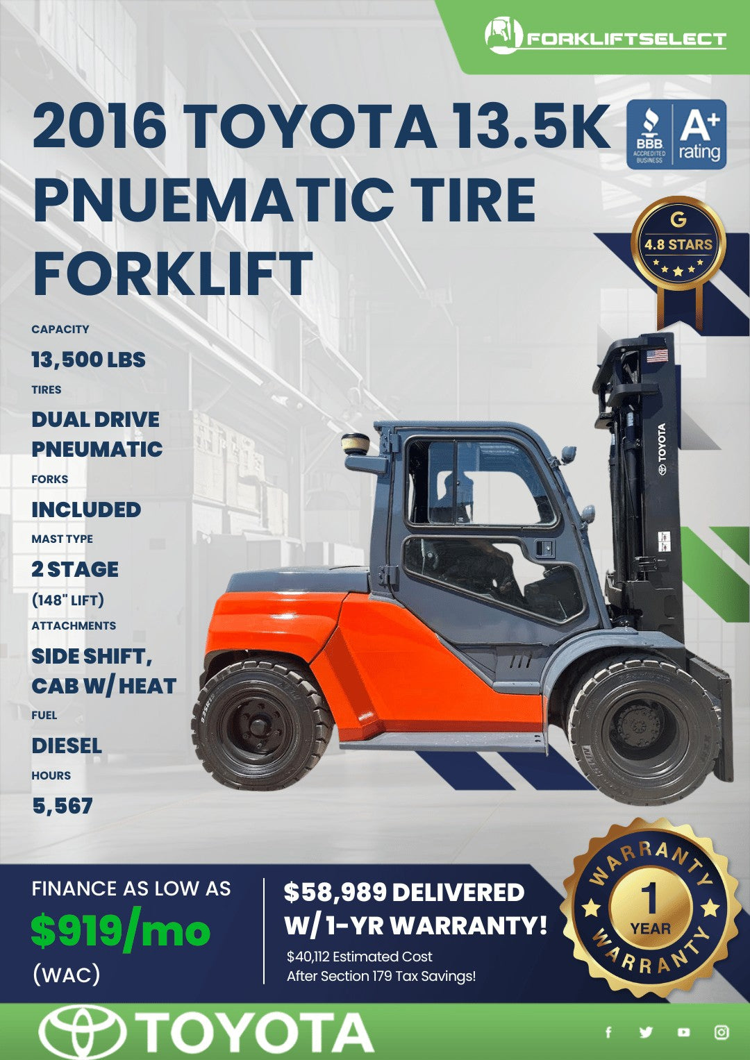 2016 Toyota 13.5K Pneumatic Tire Fo...