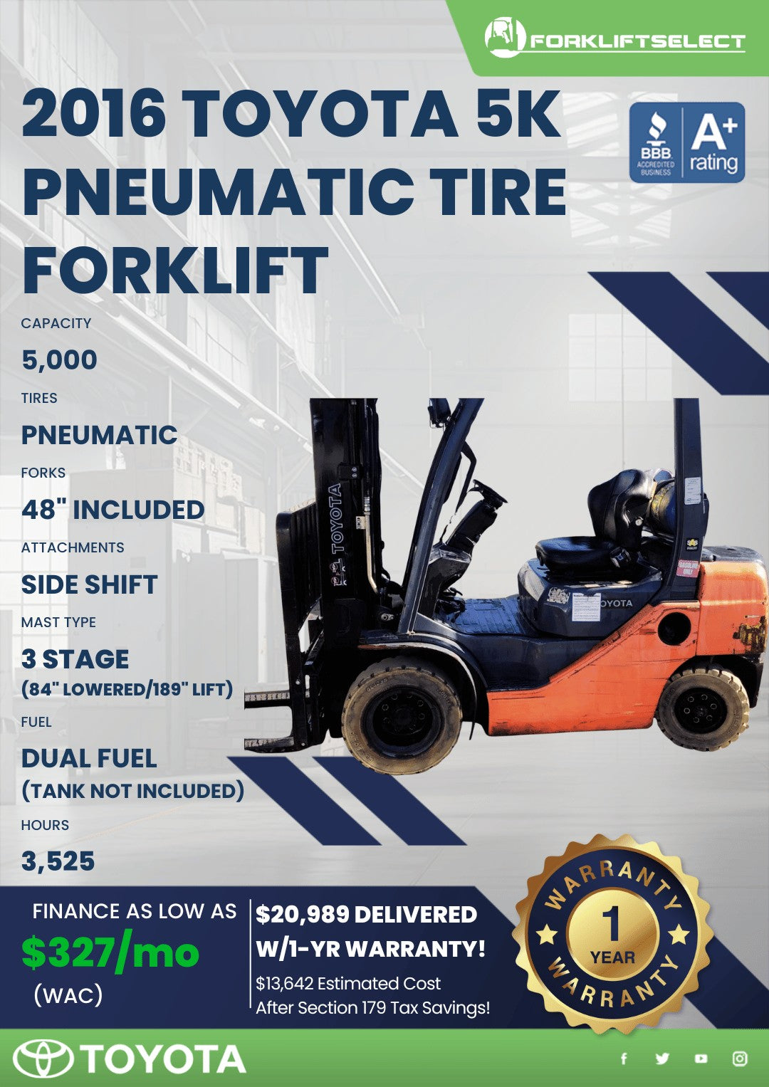 2016 Toyota 5K Pneumatic Tire Forkl...