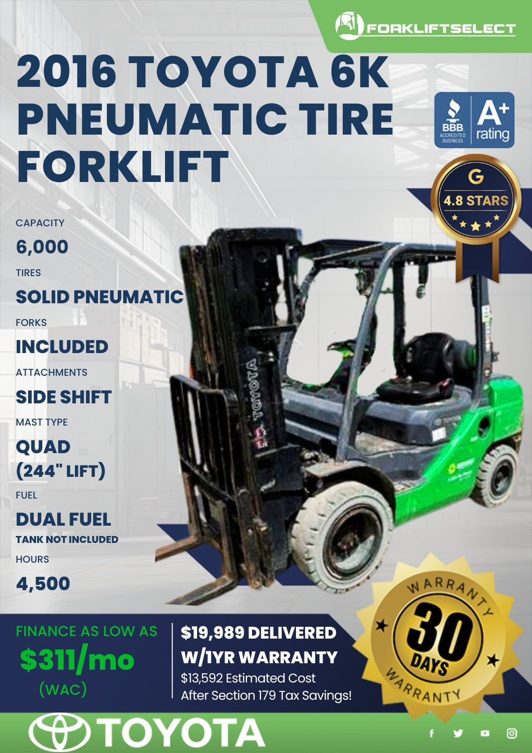 2016 Toyota 6K Pneumatic Tire Forkl...