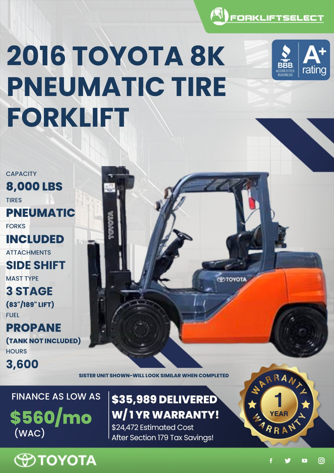 2016 Toyota 8K Pneumatic Tire Forkl...