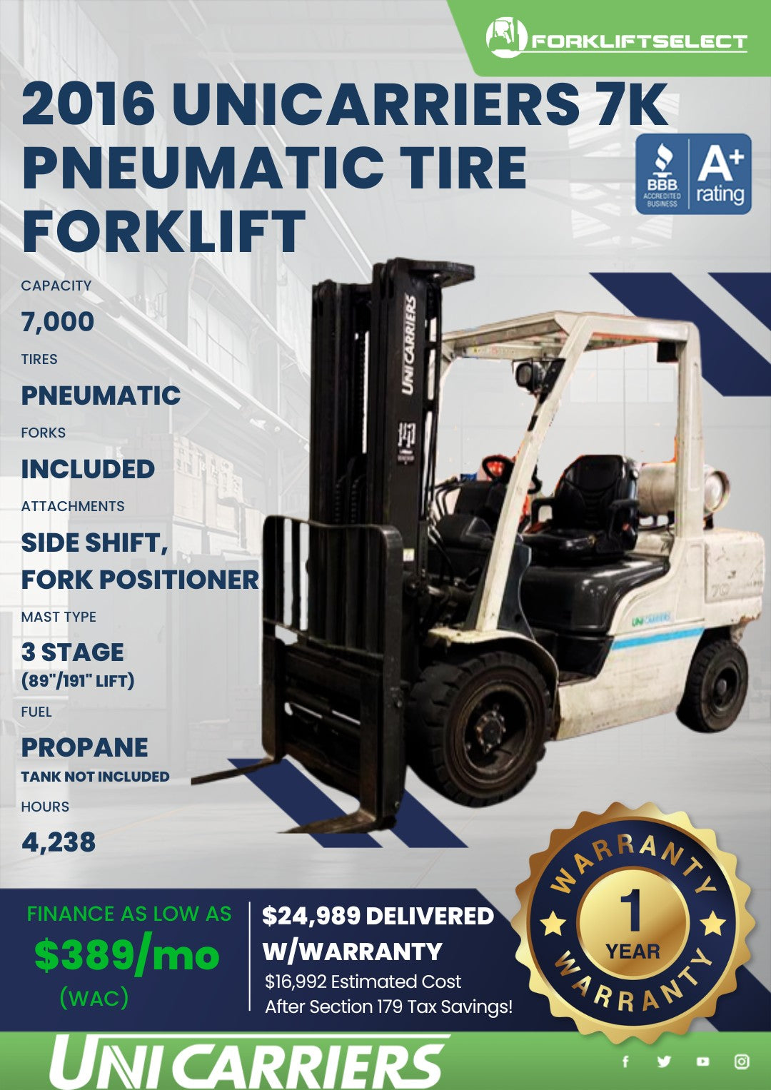 2016.0 UniCarriers 7K Pneumatic Tir...