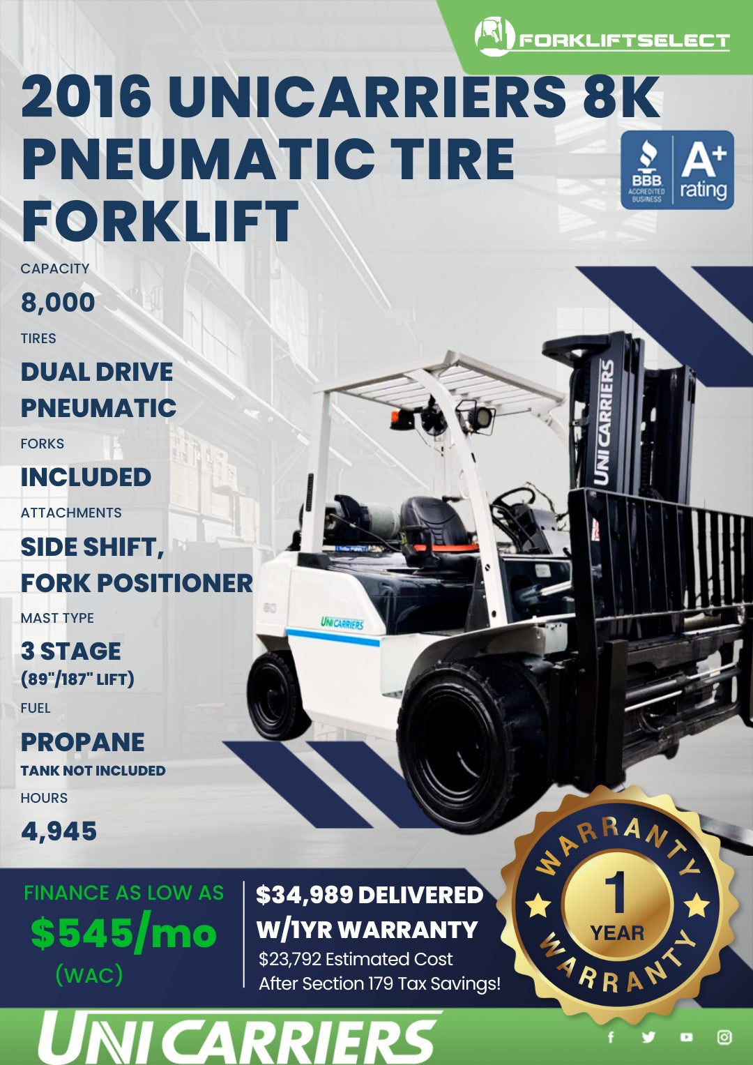 2016.0 UniCarriers 8K Pneumatic Tir...
