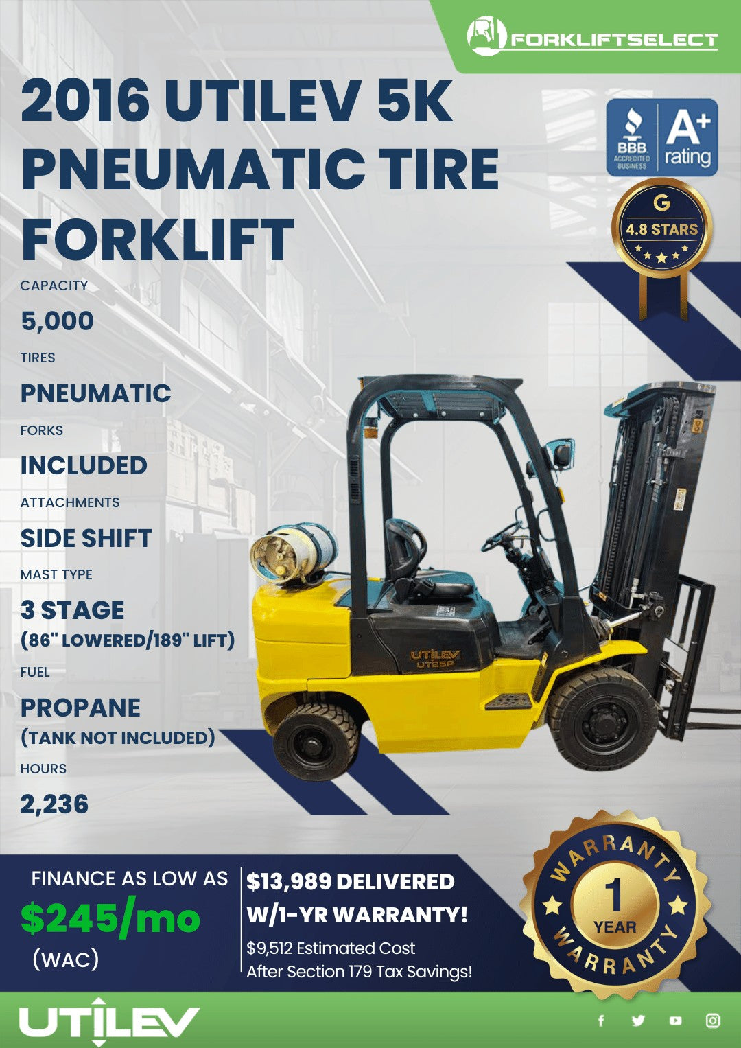 2016 Utilev 5K Pneumatic Tire Forkl...