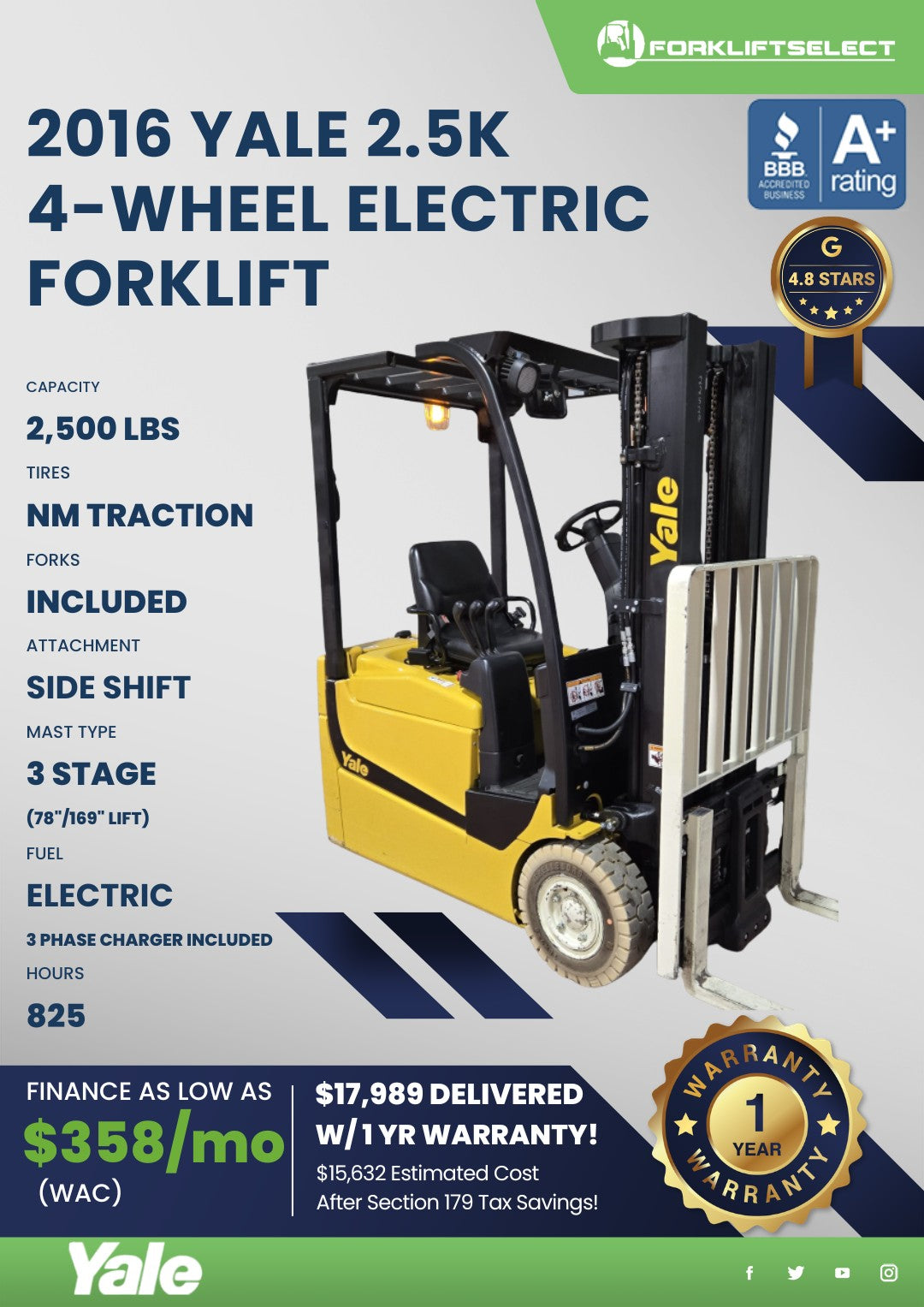 2016 Yale 2.5K Electric Forklift