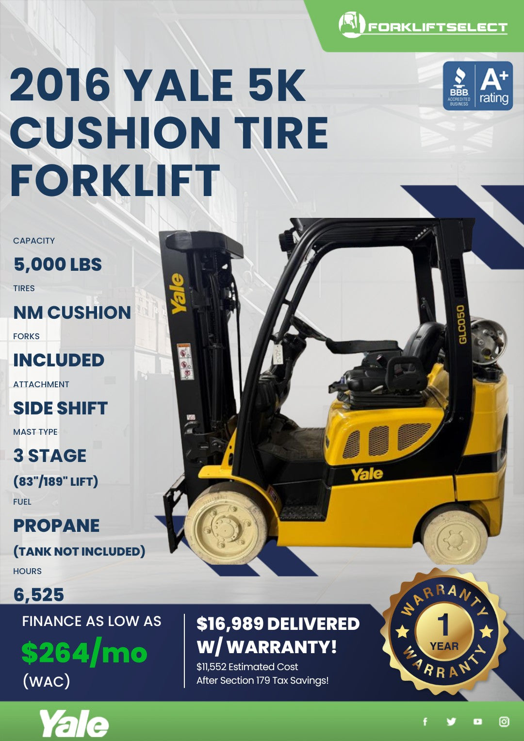 2016 Yale 5K Cushion Tire Forklift