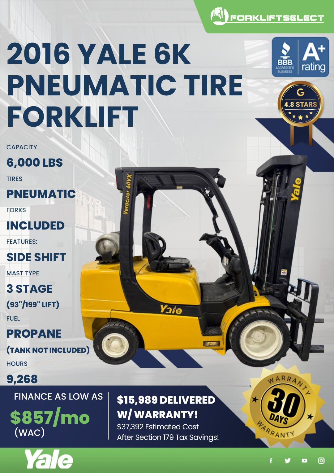 2016 Yale 6K Pneumatic Tire Forklif...