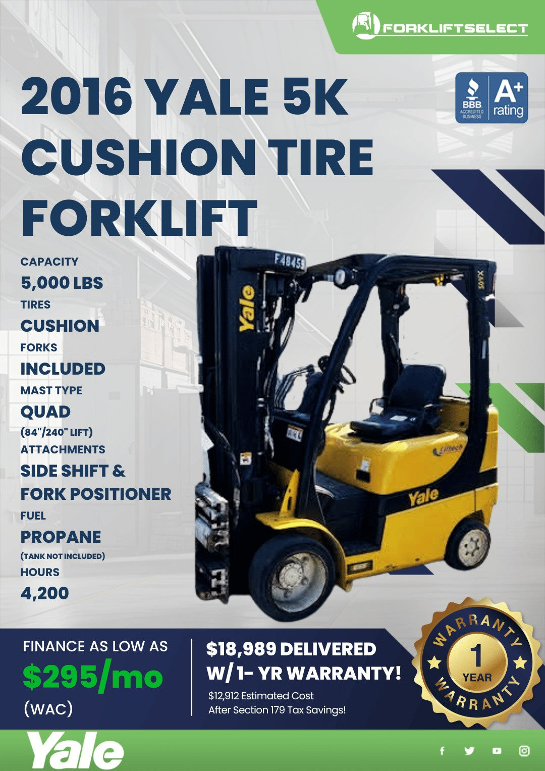 2016.0 Yale 5K Cushion Tire Forklif...