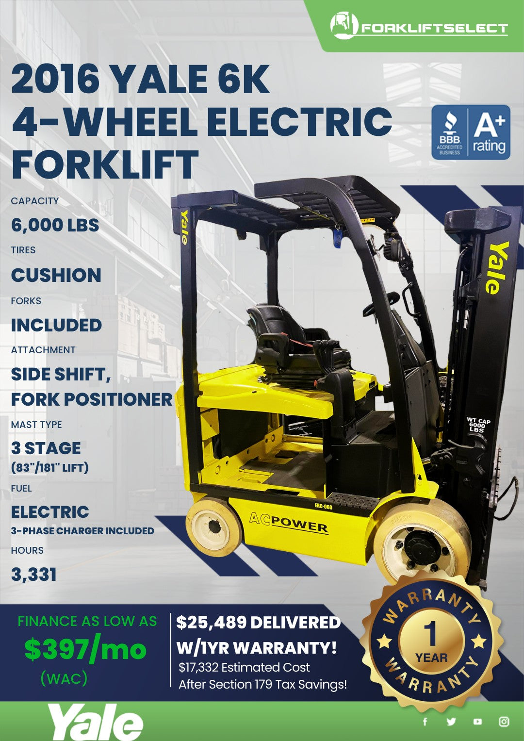 2016.0 Yale 6K Cushion Tire Electri...