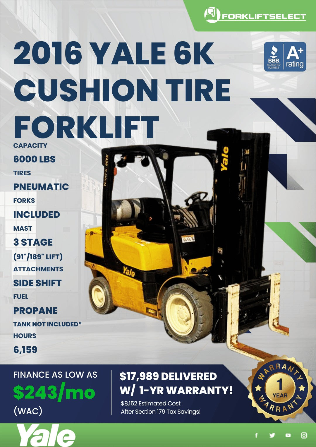 2016 Yale 6K Pneumatic Tire Forklif...