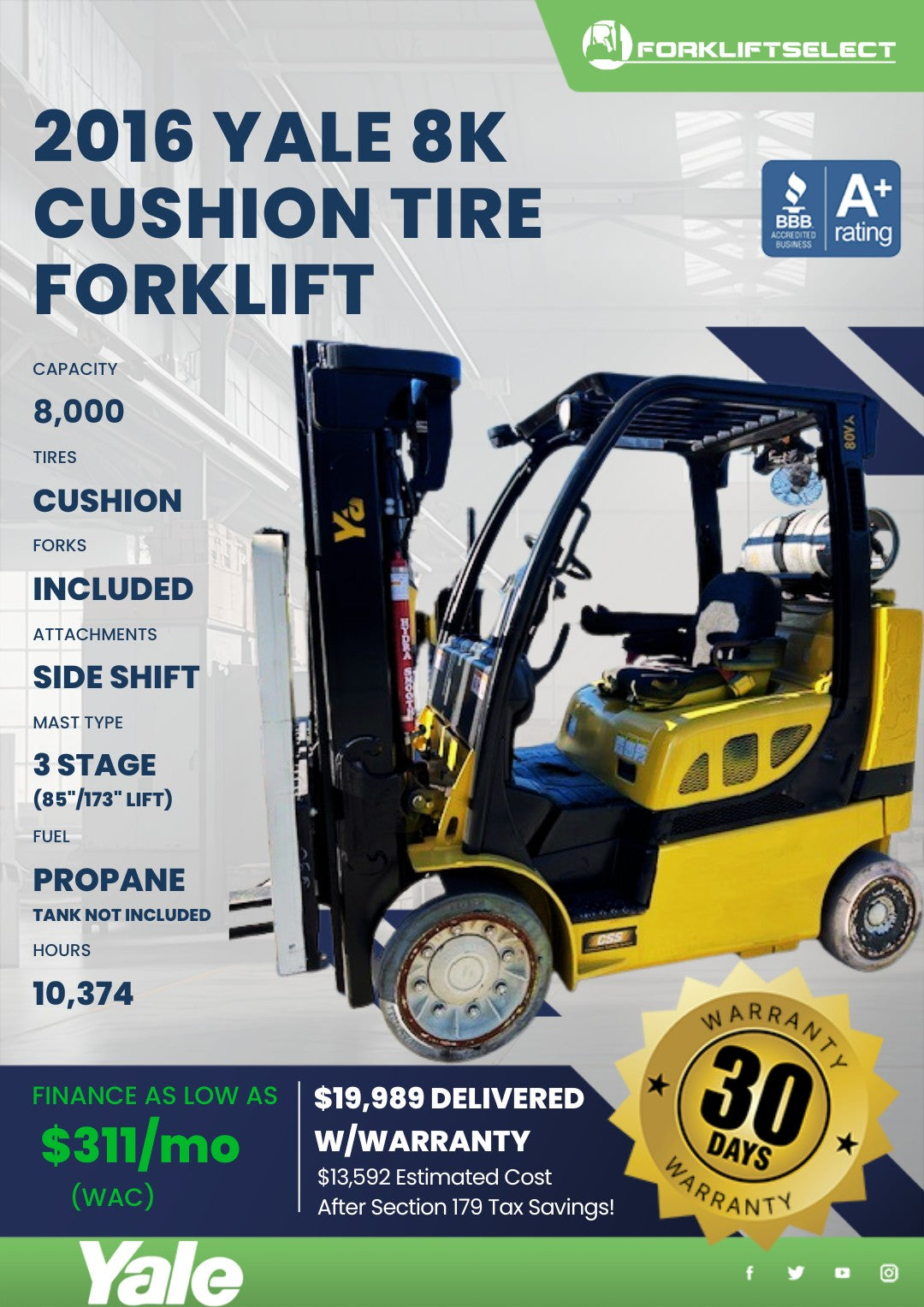 2016 Yale 8K Cushion Tire Forklift